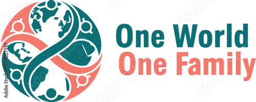 One world one family concept logo, global unity and human connection symbol, diverse people holding hands around the earth, community and togetherness illustration, social solidarity.