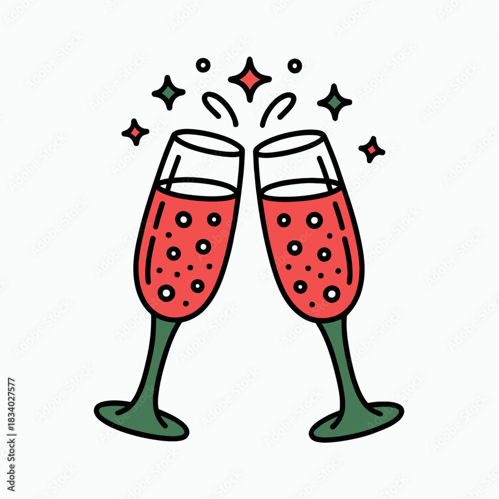 Fototapeta premium Two champagne glasses are raised in a toast, with bubbles and stars indicating celebration.