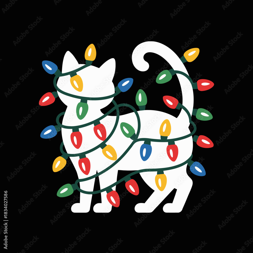 Naklejka premium A white cat silhouette is wrapped with colorful xmas lights