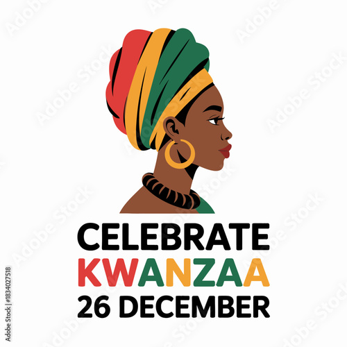A minimalist design features a profile of an African woman with a colorful headwrap and earrings. The text promotes the celebration of Kwanzaa on December 26.