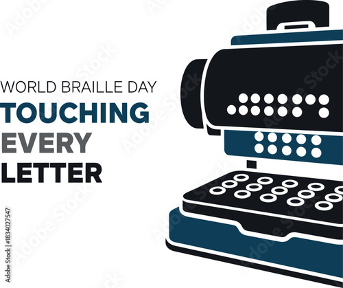 World braille day concept featuring a classic braille typewriter illustration, emphasizing the importance of tactile reading for visually impaired individuals to achieve information and literacy.
