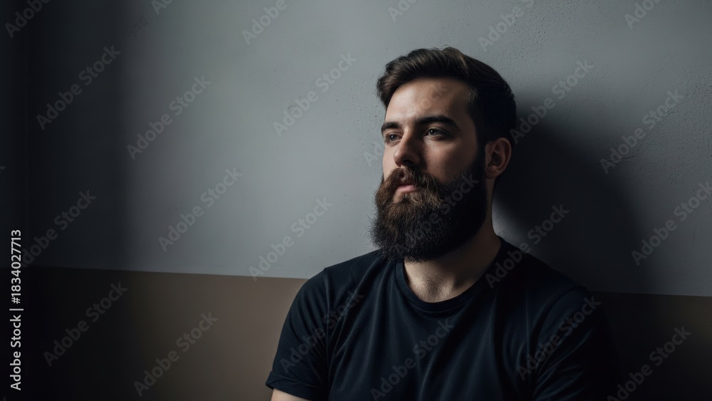 Obraz premium Pensive young man with a stylish beard gazes distantly, illuminated by soft window light against a textured minimalist grey wall, reflecting introspection