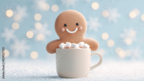 Gingerbread man cookie bathing in hot cocoa with marshmallows, celebrating christmas holidays winter season