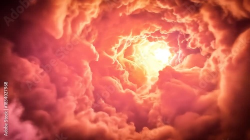 A Mesmerizing Journey Through a Vibrant Swirling Cloudscape with Fiery Center of Light