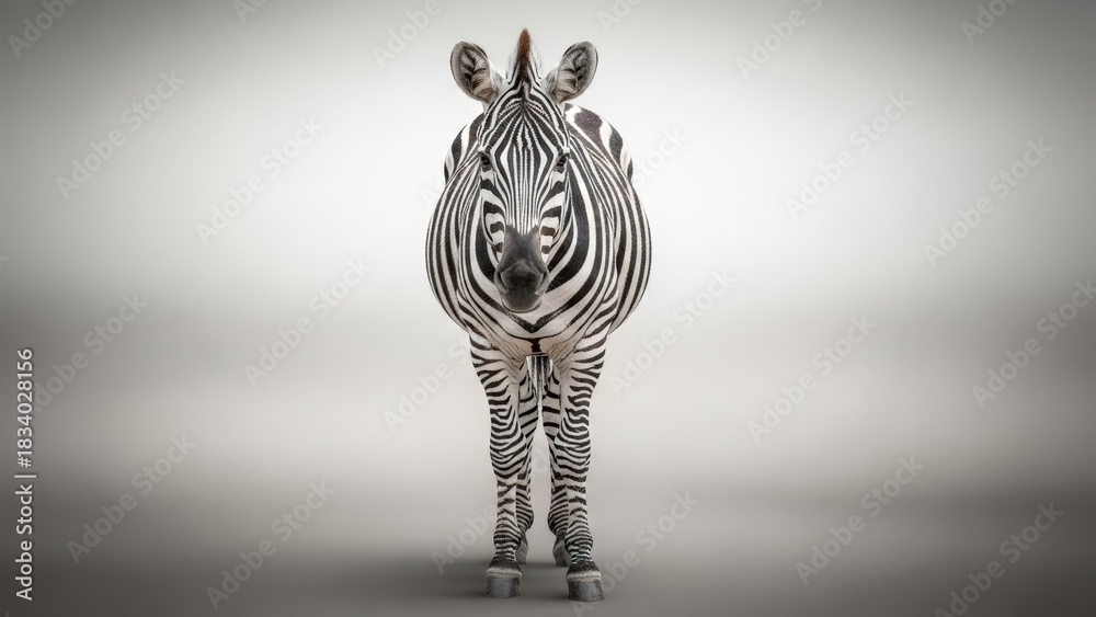 Fototapeta premium Zebra stands with elegant posture, its iconic black and white stripes creating a bold unique pattern against a clean minimalist studio background, engaging viewers directly