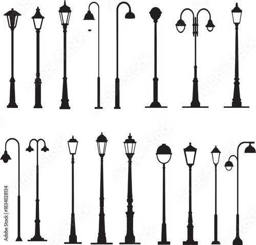 Vintage and Modern Street Lamp Silhouette Set – Black Streetlight Vector Collection