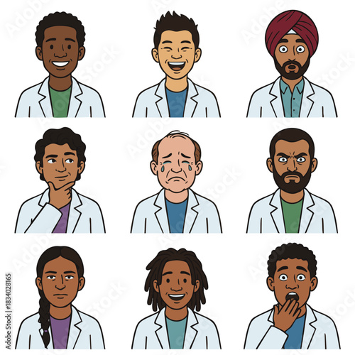 Multicultural male doctor avatar set with various emotions
