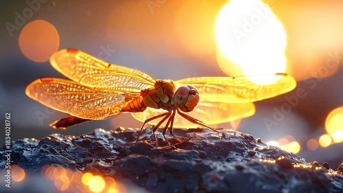 Captured Dragonfly's Serene Moment on Rock Under Golden Sunset Lights, Nature's Beauty