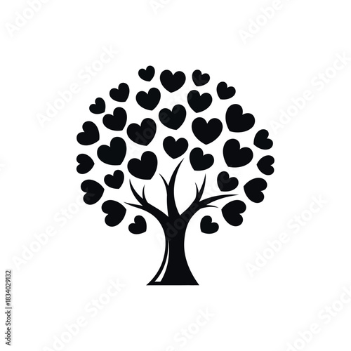 Black Silhouette of a Love Tree with Hearts.