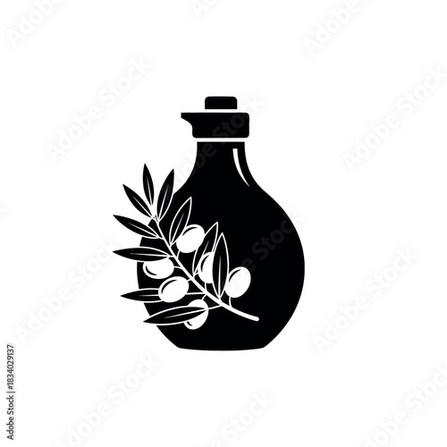 Black silhouette of an olive oil bottle with an olive branch.