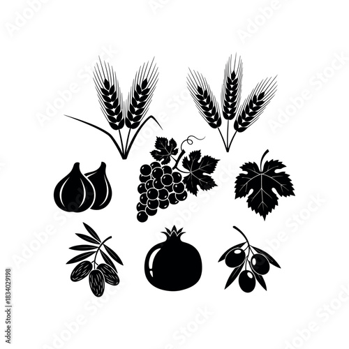 Collection of agricultural symbols including wheat grapes figs olives and pomegranate.