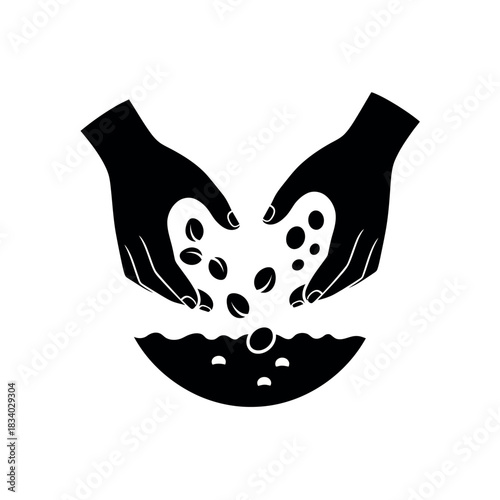 Hands Sowing Coffee Beans into Fertile Soil.