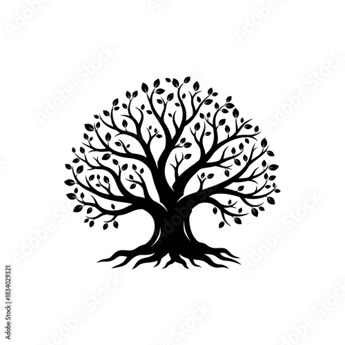Majestic Oak Tree Silhouette with Lush Foliage and Strong Roots.