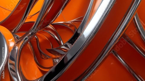 Abstract Art Video: Shiny Orange and Silver Wavy Metal Lines and Shapes in Motion