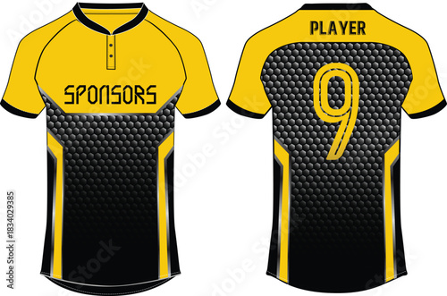 Sports jersey t-shirt design concept vector template, Black and Yellow Cricket  jersey concept with front and back view for Cricket, Football, Volleyball, Rugby, tennis and badminton uniform