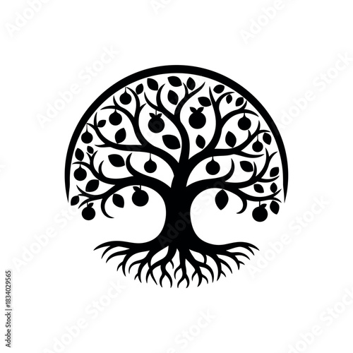 Stylized Tree of Life with Roots and Fruit in a Circular Design.