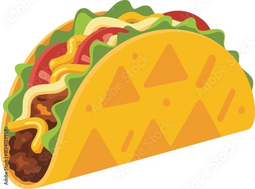 Taco vector illustration with crispy shell and savory fillings including meat lettuce and cheese on isolated background