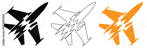 Dynamic fighter jet icon set in black, outline, and vibrant orange,Fighter jet icon vector. Logo Template illustration design,Fighter jet icon for mobile concept and web design.