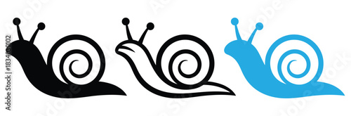 Cute snail icons in blue, black, and outline vector set,Snail icons showcase simple animal design in three styles,silhouette snails walking on road. black isolated white background,