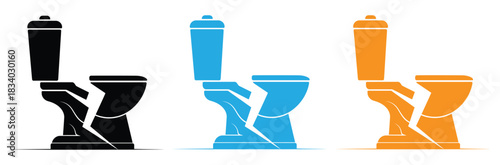 Broken toilet bowl icons representing plumbing problems now,broken toilet bowl icon on white background,