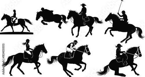 Equestrian silhouette set, horse riding icons, dressage, show jumping, polo, racing, western riding, black vector illustrations