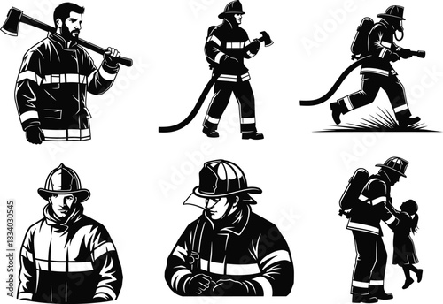 Firefighter silhouette vector, axe pose, hose run, child rescue, breathing gear, protective uniform, emergency response, brave hero illustration