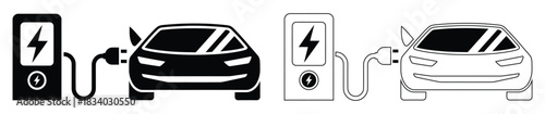 Charge your electric car at station for a green future,Electric car icon set. Electromotive charging station. Auto accumulator recharging. Electric car charge station icons,Electric vehicle icon set.