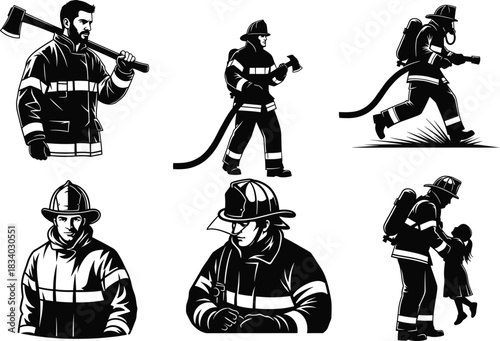 Firefighter silhouette vector, emergency rescue, fire hose, axe, breathing gear, child rescue, seated pose, black background, gear, bravery