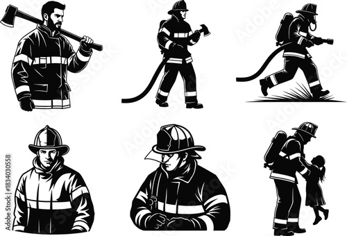 Firefighter silhouette vector, emergency rescue, fire hose, axe, breathing gear, child rescue, seated pose, black background, gear, bravery