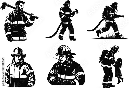 Firefighter silhouette vector, emergency rescue, fire hose, axe, breathing gear, child rescue, seated pose, black background, gear, bravery