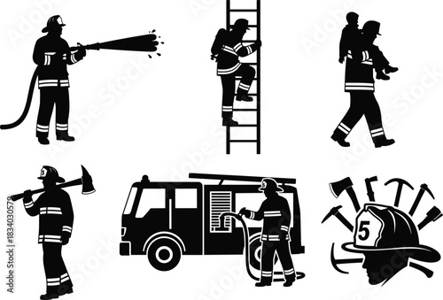 Firefighter silhouette vector, emergency rescue, fire hose, ladder climb, axe, child rescue, fire truck, gear tools, black background, bravery