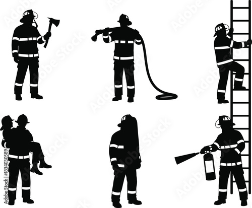 Firefighter silhouette vector, emergency rescue, fire hose, ladder climb, axe, fire extinguisher, breathing gear, bravery, teamwork, black background