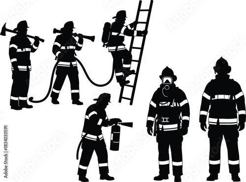 Firefighter silhouette vector, emergency rescue, fire hose, ladder climb, axe, fire extinguisher, breathing gear, black background, bravery, teamwork
