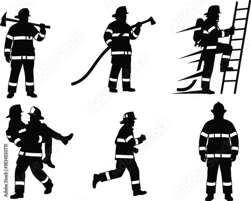 Firefighter silhouette vector, emergency rescue, fire hose, ladder climb, axe, rescue carry, running pose, black background, gear, bravery
