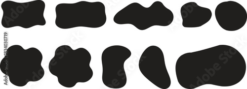 Vector collection of black liquid shapes and ink blobs. Irregular organic spots for modern minimalist design. Cow print or dalmatian pattern. Amorphous graphic elements.
