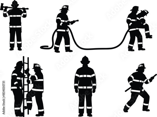 Firefighter silhouette vector, emergency rescue, fire hose, ladder teamwork, axe, pry tool, rescue carry, black background, gear, bravery