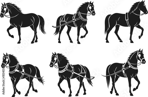 Harnessed horse silhouette set, trotting horse icons, carriage horse vector, black equine illustration, walking horse design, tack detail