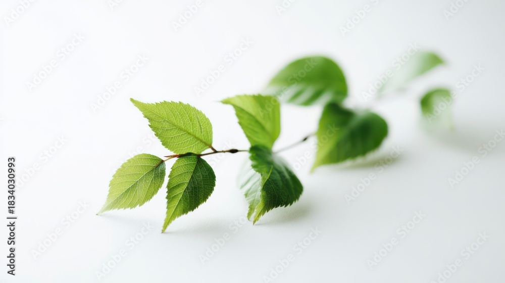 Obraz premium Nature's Delicate Branch: A close-up view of a vibrant green branch with fresh leaves delicately displayed. It's a celebration of purity and freshness.