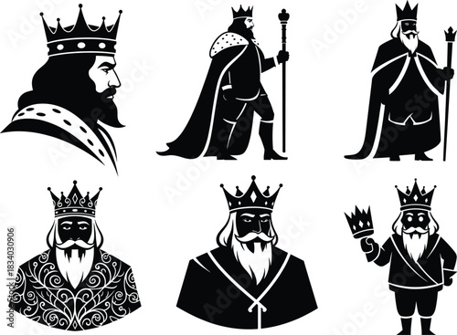 King silhouette illustration, crown, robe, scepter, royal profile, regal pose, vector art, black and white, stylized, monarch