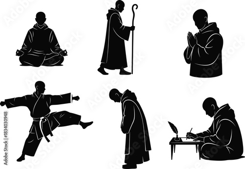 Monk silhouette illustration, meditation pose, martial arts kick, prayer gesture, writing monk, bowing figure, vector art, robe, staff