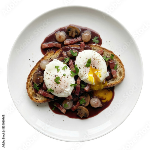 Appetizing Oeufs en Meurette dish with poached egg, red wine sauce, bacon, mushroom, pearl onion on toasted bread