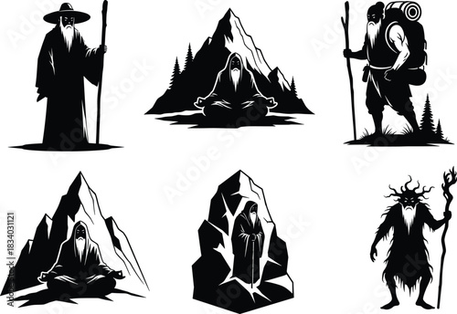 Mystical wizard illustration, forest mountain setting, staff pose, meditation, lantern guidance, fantasy character, robe figure, vector art, nature, solitude