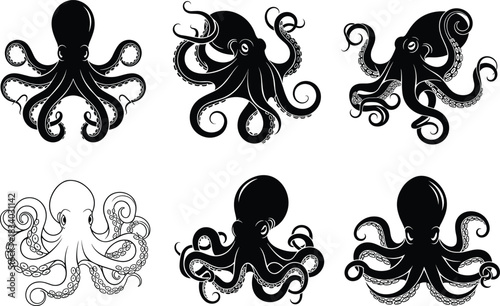 Octopus illustration set, stylized octopus designs, vector marine icons, tentacle art, sea creature graphics, black and white octopus