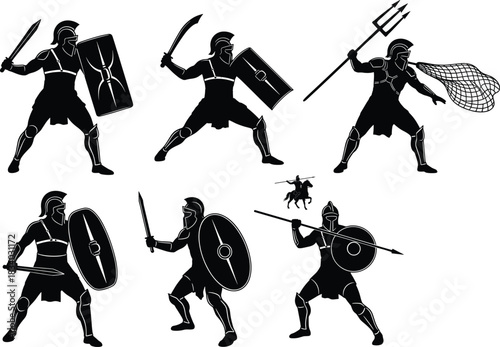 Roman gladiator silhouettes, sword, shield, trident, net, spear, combat poses, ancient warrior, vector art, black and white, helmet