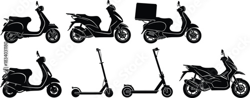 Scooter silhouette set, motor scooter icons, delivery scooter, electric kick scooter vector, urban transport design, black vehicle illustration