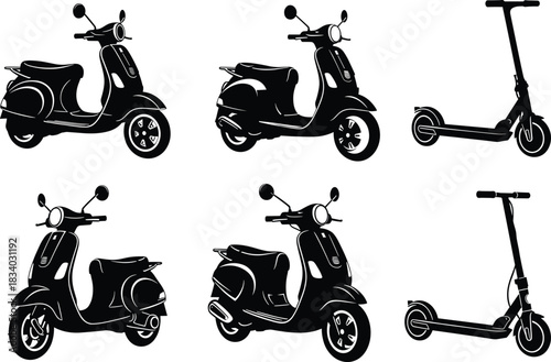 Scooter silhouette set, motor scooter icons, electric kick scooter vector, personal transport design, black vehicle illustration, urban mobility art