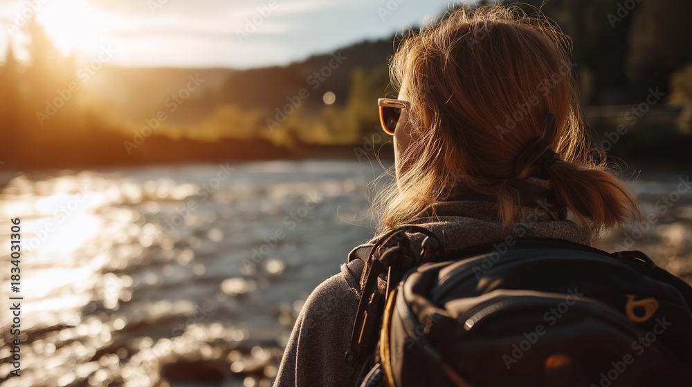 Fototapeta premium traveler. A female traveler admiring a scenic river view, illuminated by golden hour sunlight with a blurred natural backdrop. tourism brochures.
