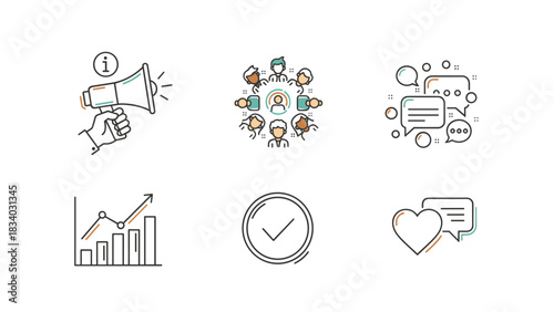 Business communication and marketing strategy promotion with team collaboration and growth analysis icons set concept