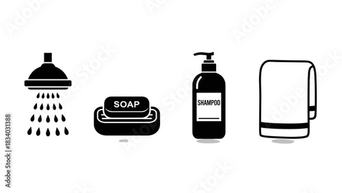 Bathroom essentials vector illustration featuring shower soap shampoo and towel for hygiene and cleanliness