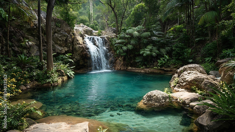 Naklejka premium Tropical waterfall flowing into turquoise lagoon high resolution HD images